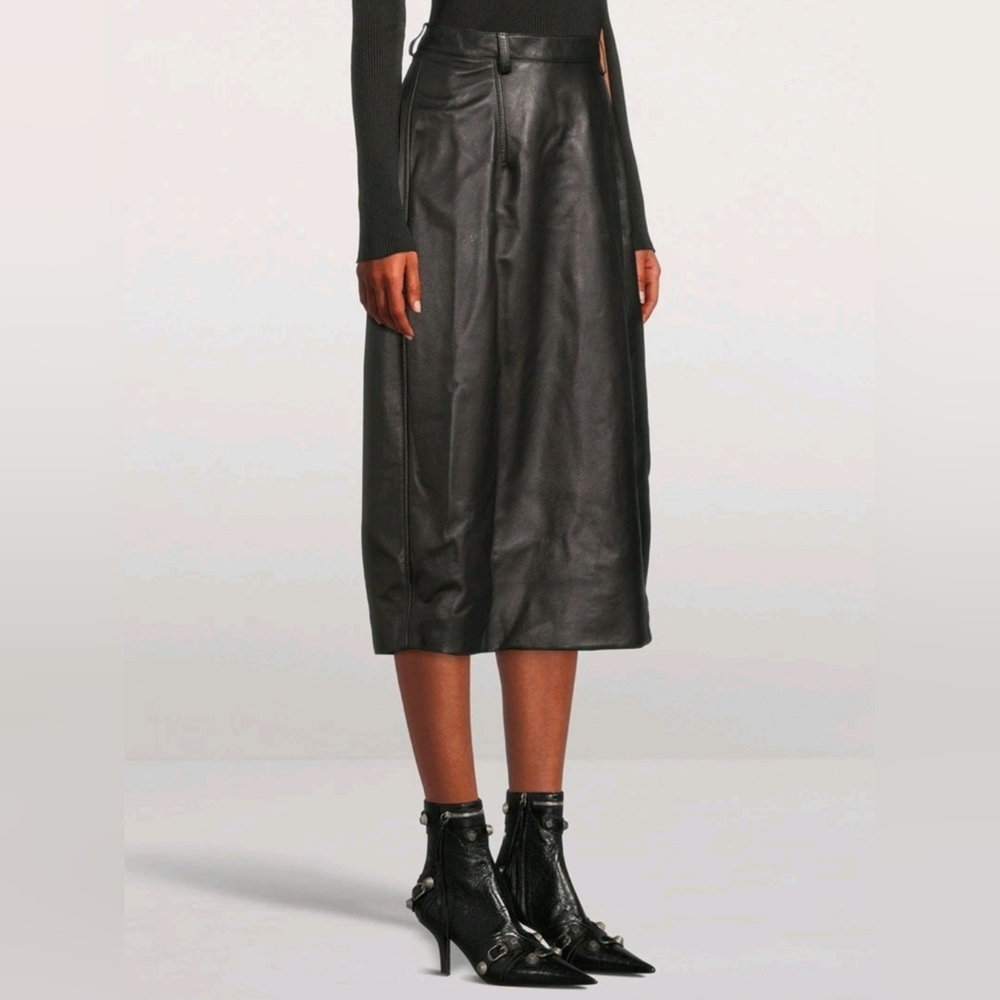BALENCIAGA Black Leather High Waisted Midi Skirt FR 36 US 4 S Org $2,450 - Picture 4 of 16
